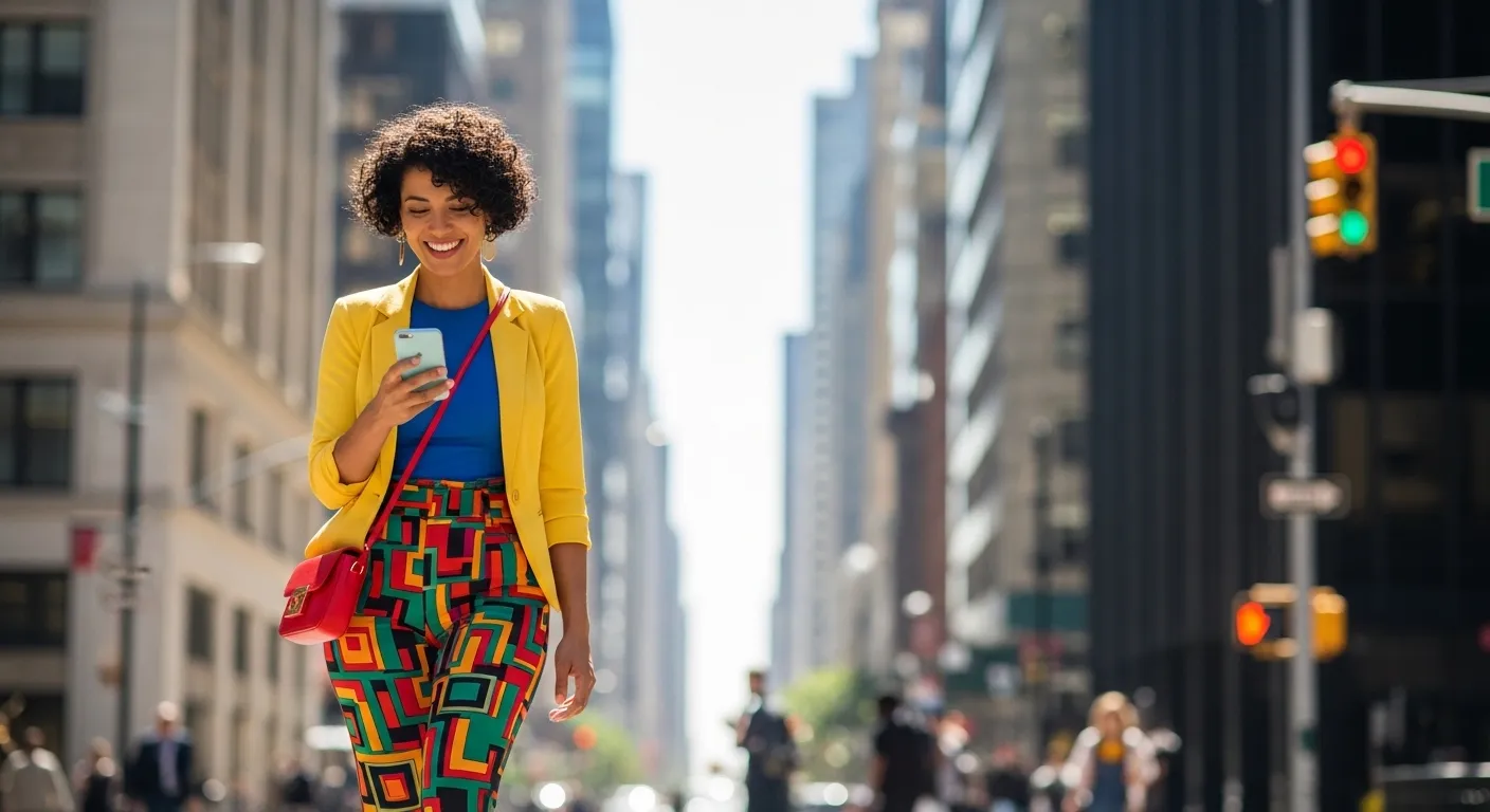 Стильная женщина-Близнец уверенно шагает по городу