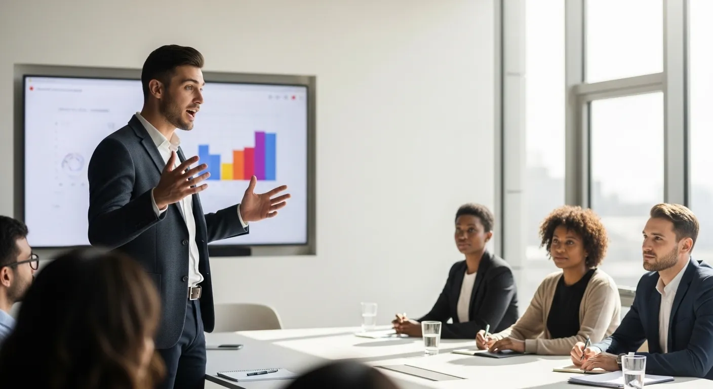 Мужчина-Близнец ведёт презентацию в офисе