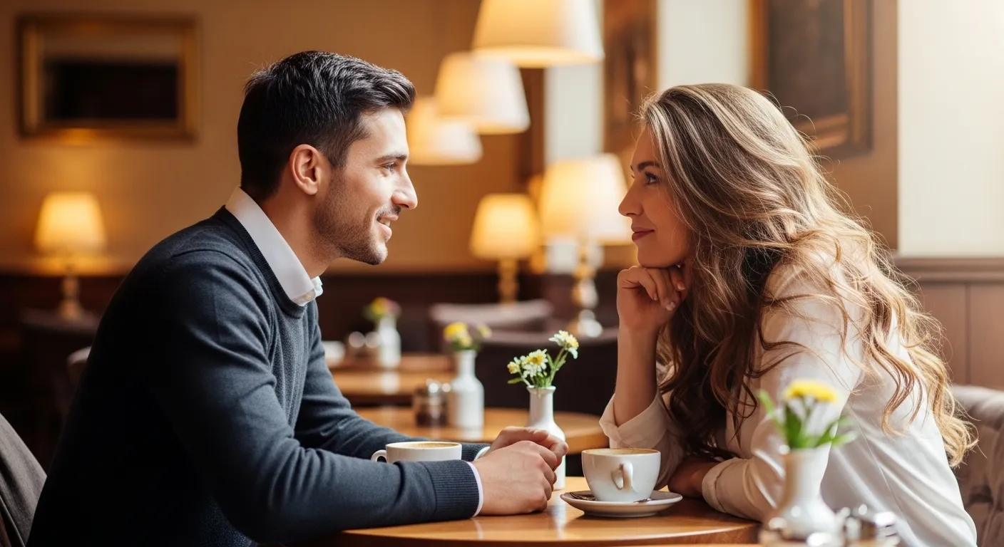 Пара в уютном кафе за разговором