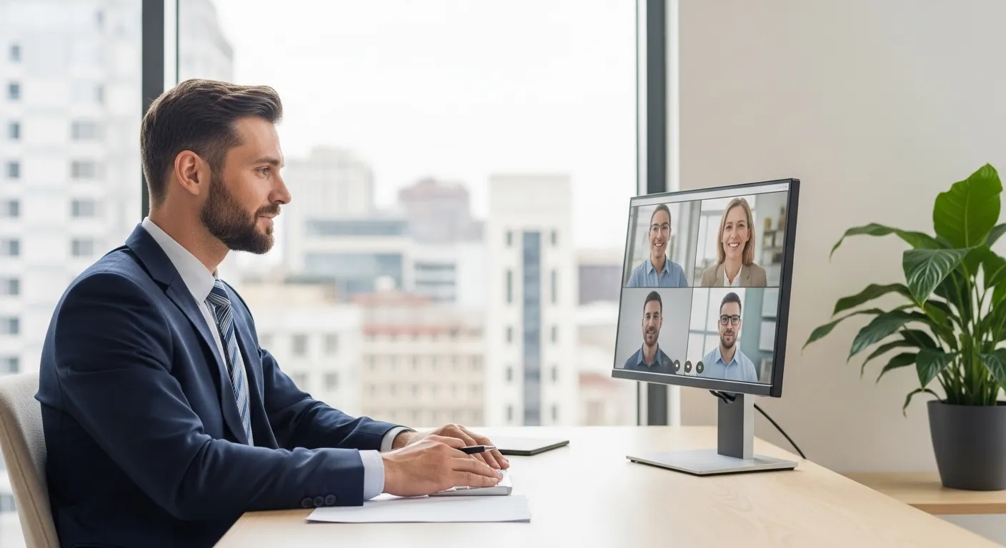 Профессионал на видеозвонке в офисе