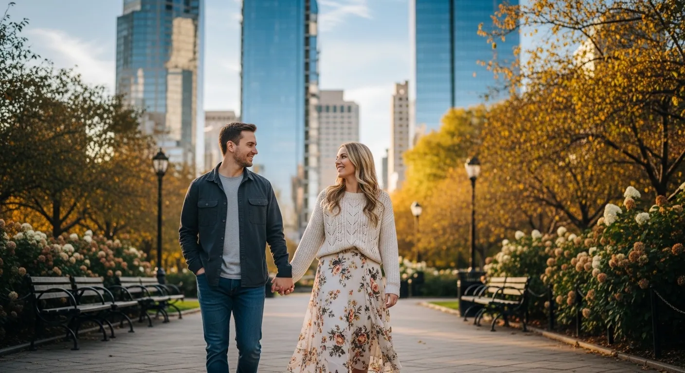 Пара гуляет в городском парке