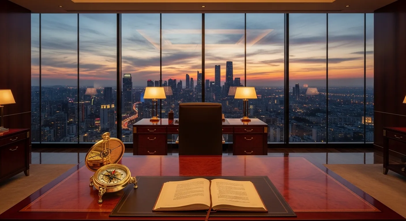 Стрелец — современный офис и город на закате